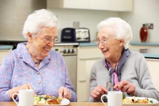 Two elderly women having lunch